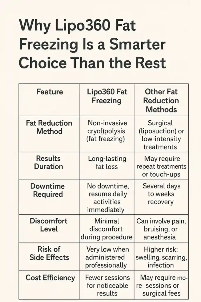 Is it possible to permanently freeze fat cells? 2 Table showing benefits of fat freezing to remove fat cells West Mersea from Lipo 360
